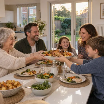 A family of five laughing around a white gloss dining table as a roast chicken is passed