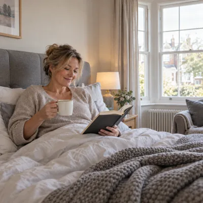 A woman in her fifties reading in bed with a cup of coffee, a grey upholstered headboard behind her