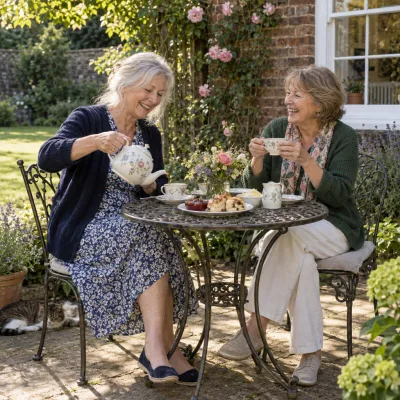 Two women friends in their sixties pouring tea at a small bronze bistro table in a back garden with roses