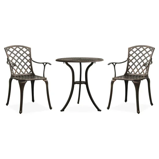 A round cast aluminium bistro table and two lattice-back armchairs in bronze, photographed on a white background