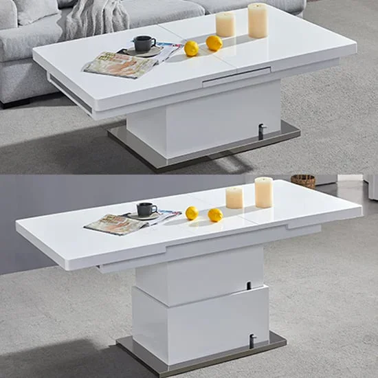 Two views of the white high gloss Elgin table on a chrome base: low as a coffee table with a magazine, cups and lemons on it, then raised and extended as a dining table