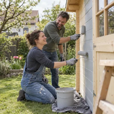 Ein Paar Ende dreißig streicht lachend sein neues Gartenhaus aus Holz, mit Farbrollen in der Hand