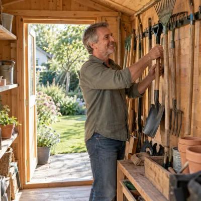 Ein Mann in seinen Fünfzigern hängt Gartenwerkzeug an die Wand eines hellen Holzschuppens