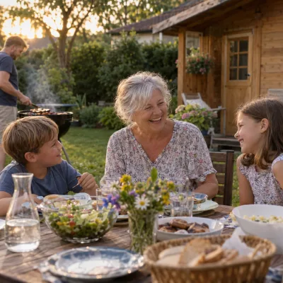 Eine Großmutter lacht mit zwei Kindern am Gartentisch neben einem Holzgartenhaus