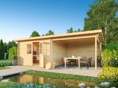 Fjordholz Pultdach Gartenhaus Ezra 4J mit überdachter Terrasse, Esstisch und Stühlen, am Gartenteich