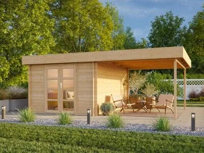 Fjordholz Flachdach Gartenhaus Felix 28 mit Schleppdach über einer Terrasse mit Holzstühlen und Tisch