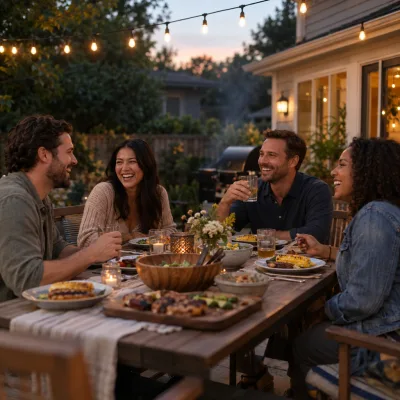 Friends in their thirties laugh around an outdoor dining table at dusk, string lights above