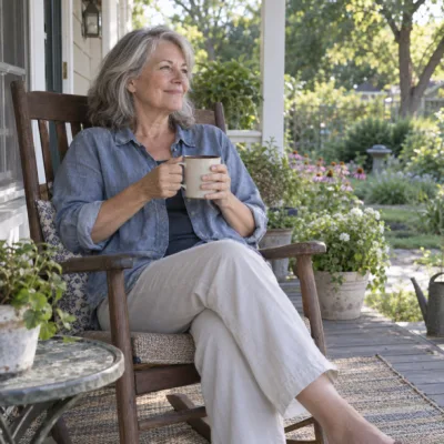 A woman in her sixties sits on a patio rocking chair with a coffee, looking at her garden