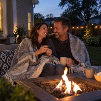 A couple in their forties share a blanket by a small outdoor fire table in the evening