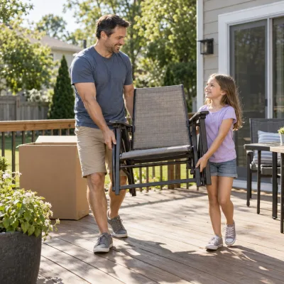 A father and daughter carry a new folding patio chair onto the deck