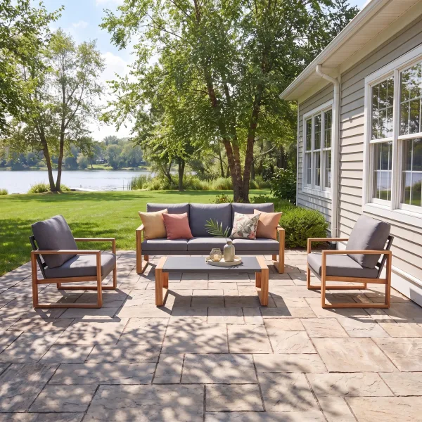 The Duisburg aluminum conversation set: a three-seat sofa and two chairs with grey cushions and wood-look frames around a coffee table on a stone patio by a lake