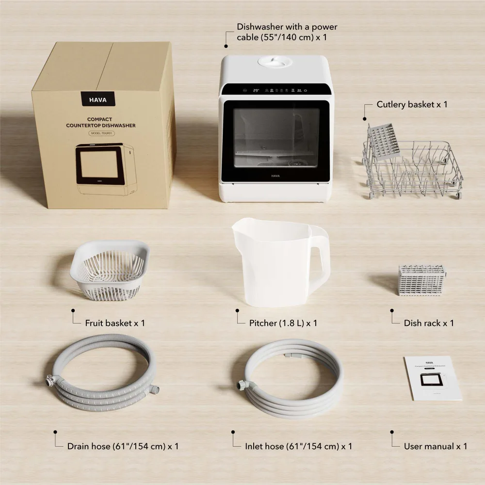 HAVA's packaging photo: the carton printed COMPACT COUNTERTOP DISHWASHER, the machine, a cutlery basket, a fruit basket, a 1.8 L pitcher, a dish rack, a drain hose, an inlet hose and a user manual laid out on a wooden floor