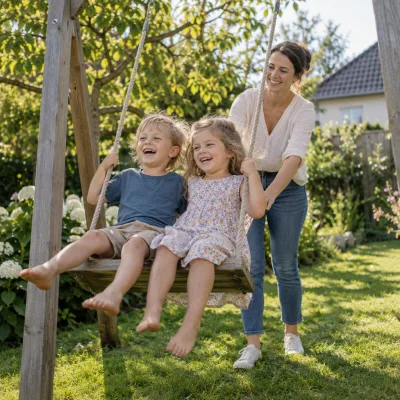 Zwei kleine Kinder lachen auf einem Holzschaukelgestell, die Mutter schaukelt sie an