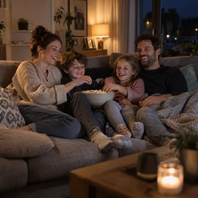 Eine vierköpfige Familie lacht auf einem großen grauen Ecksofa, eine Schüssel Popcorn geht herum