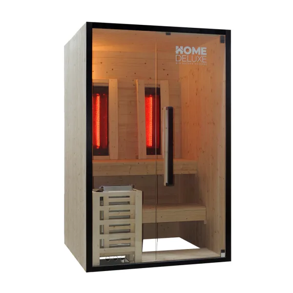 Kombisauna EVEREST M aus hellem Holz mit Glasfront, zwei rot leuchtende Infrarotstrahler und ein Saunaofen, Home-Deluxe-Schriftzug auf der Glastür