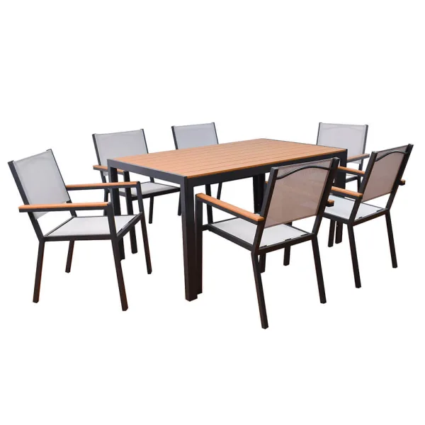 Garten-Sitzgruppe CANTOS SEDIA: Tisch in Holzoptik mit sechs Aluminiumstühlen mit hellgrauer Textilbespannung