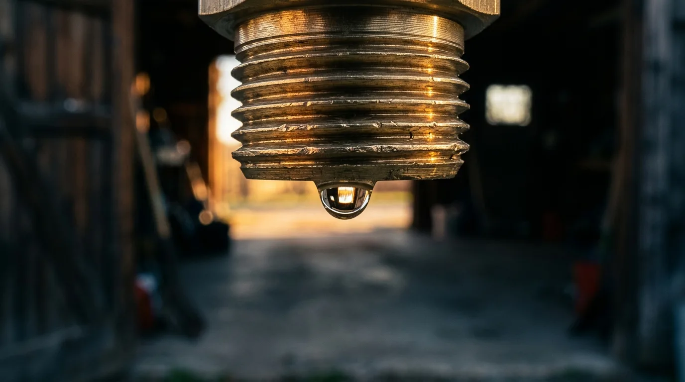 Macro close-up of a brass garden hose thread fitting with a single water droplet backlit in a garage doorway