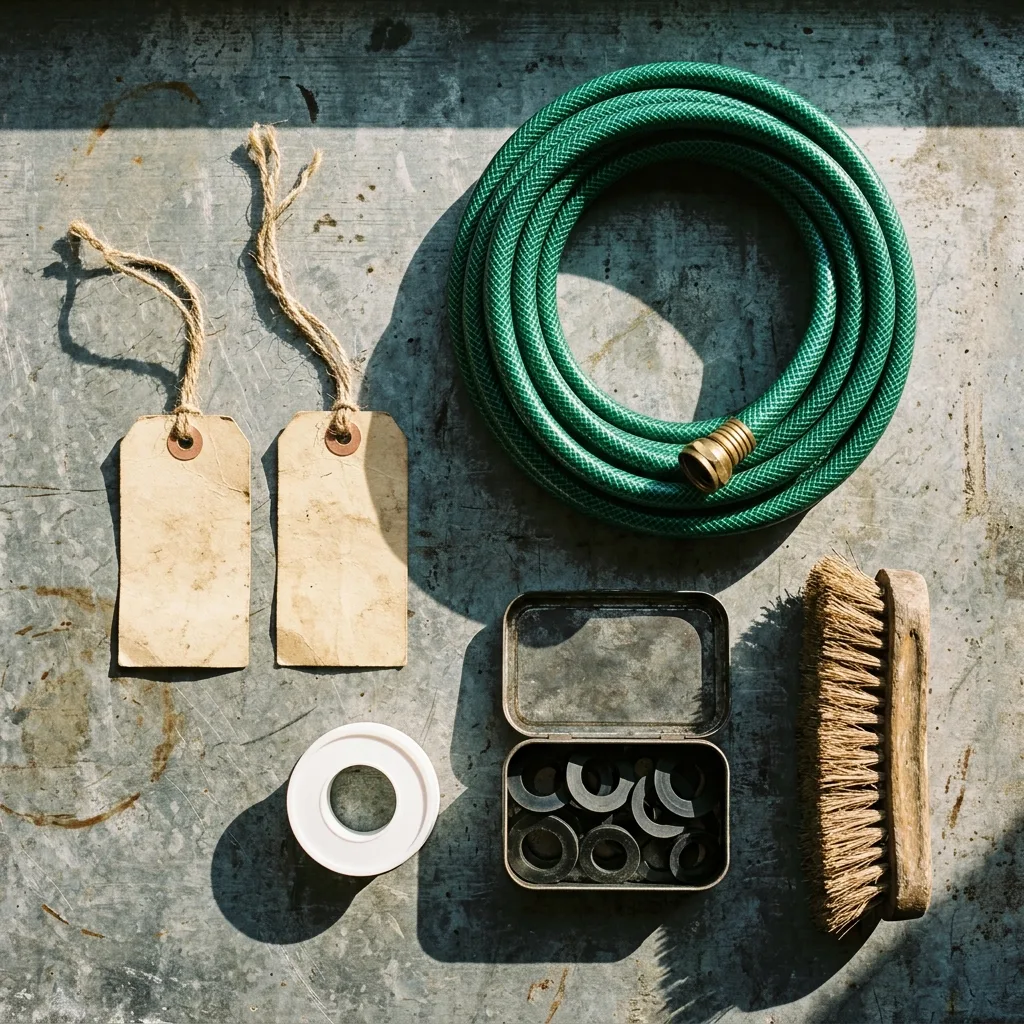 Flat lay of a coiled hose end, two blank manila swing tags, thread-seal tape, washers and a brush on a workbench