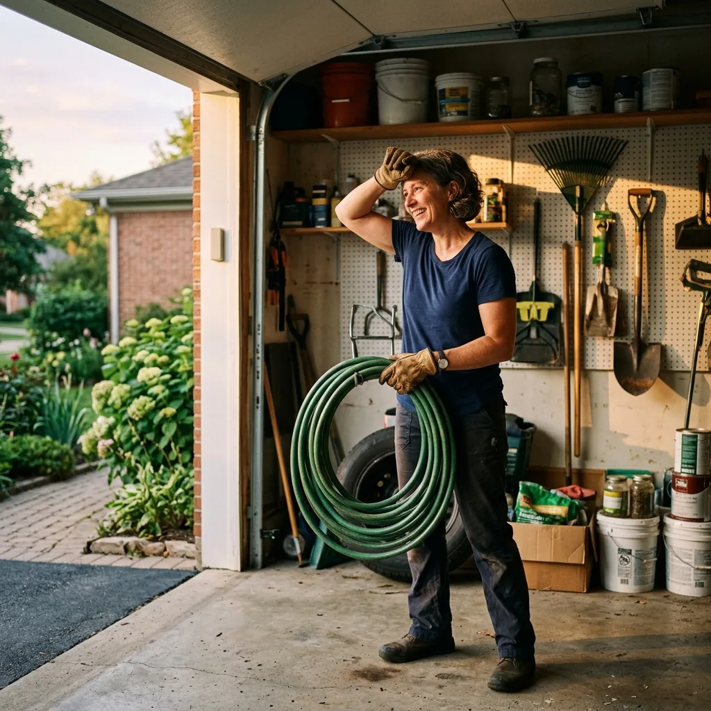 A homeowner smiling while hanging a coiled green garden hose on a garage pegboard wall at the end of a chore