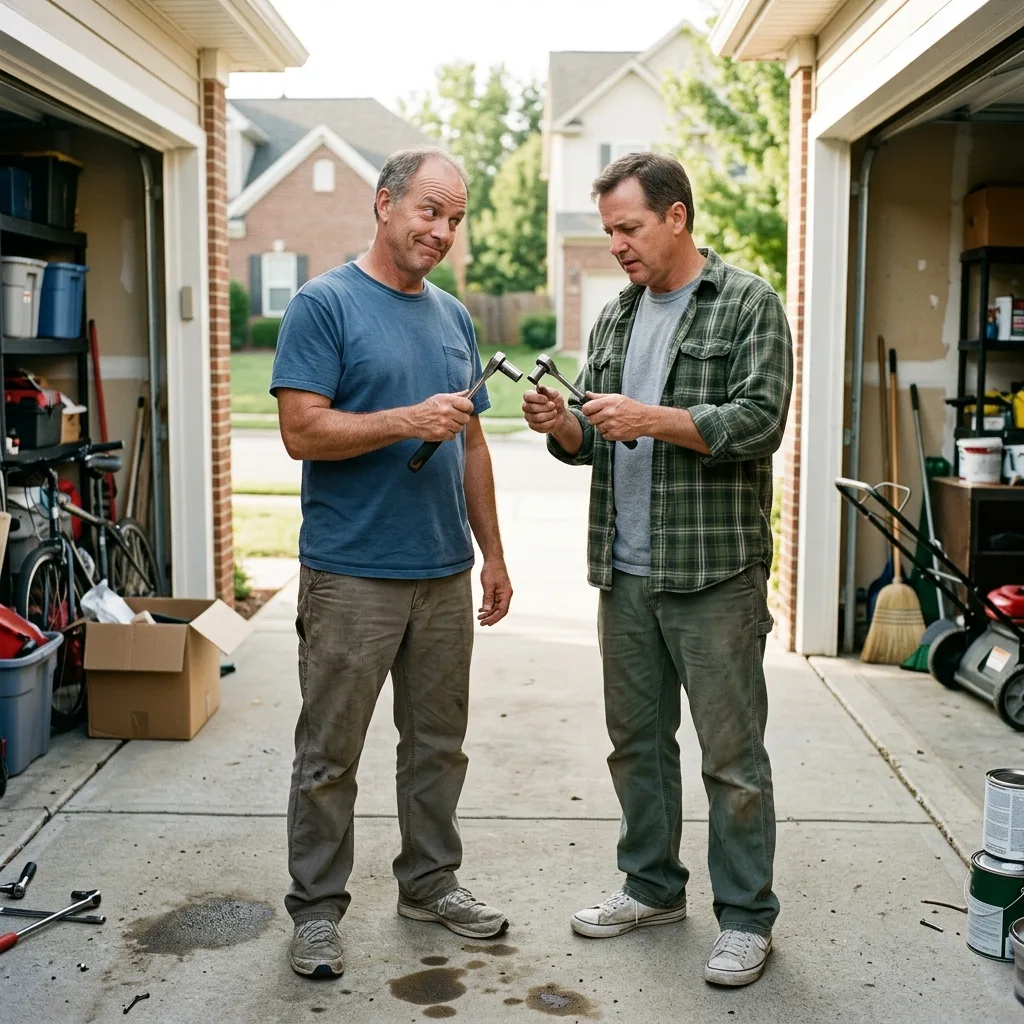 Two neighbors in front of open garages comparing two identical-looking hand tools side by side