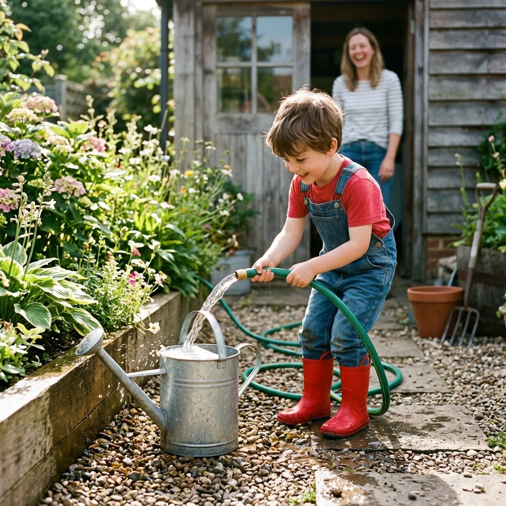 A child in rain boots filling a metal watering can from a garden hose while a parent laughs nearby