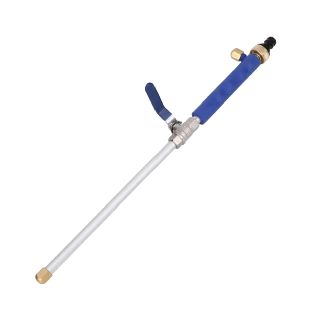 The JetHose nozzle on a plain background: an aluminium wand with a brass tip, a blue grip sleeve and a blue lever valve at the hose end