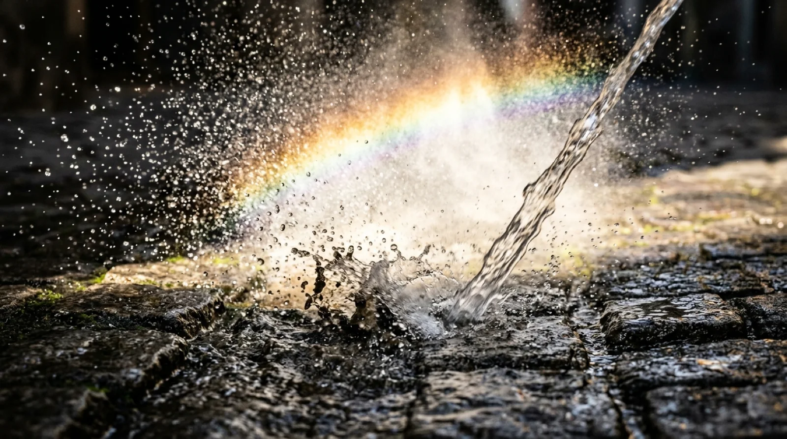 Macro close-up of a concentrated water jet hitting wet pavement with backlit spray and a faint rainbow