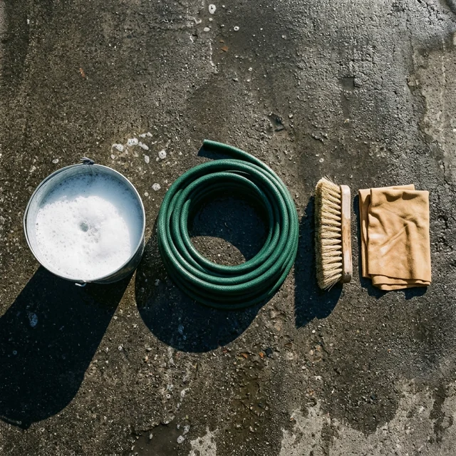 A flat lay of a coiled garden hose, a stiff brush, a folded cloth and a bucket of soapy water on wet concrete