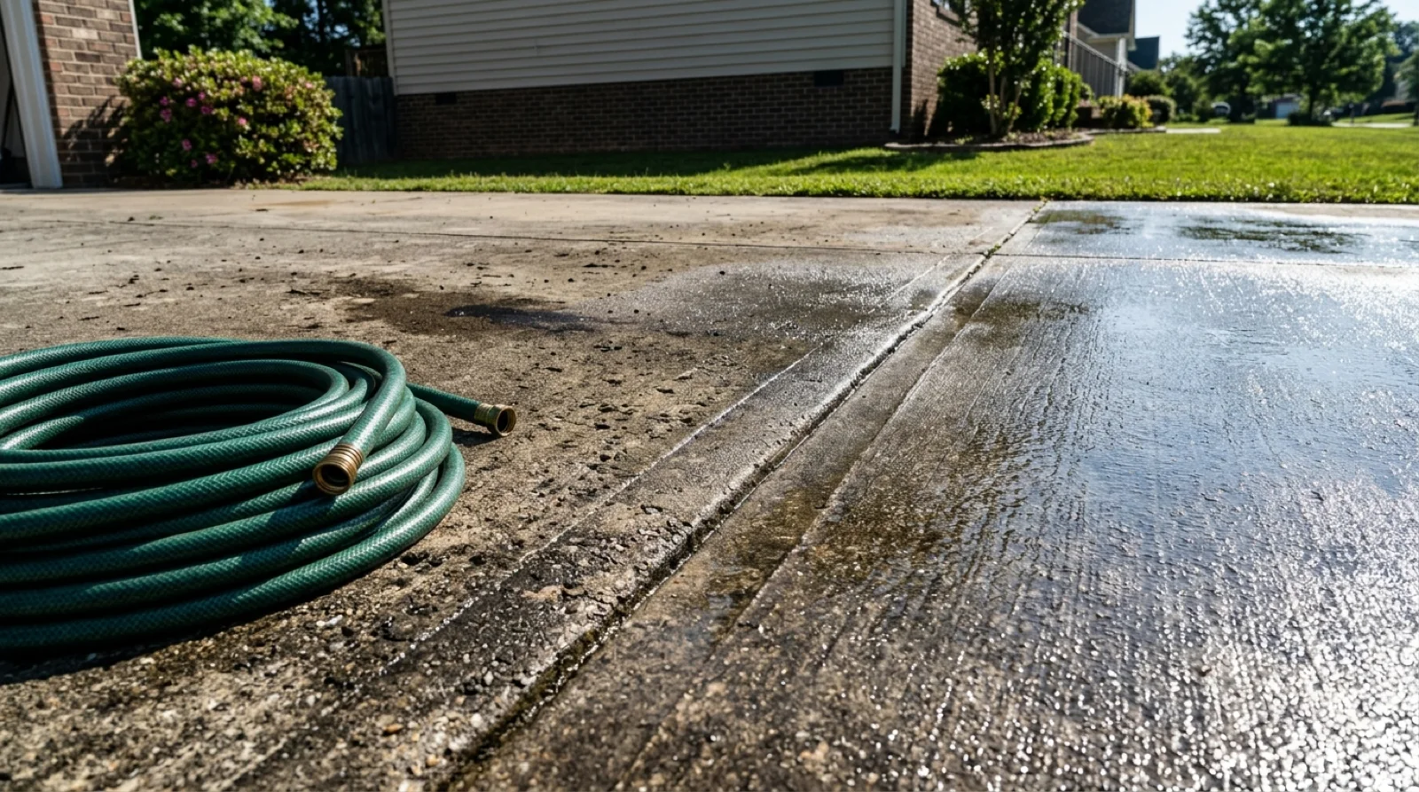 A driveway split by a sharp diagonal line between grime-dark wet concrete and freshly rinsed pale concrete in morning sun