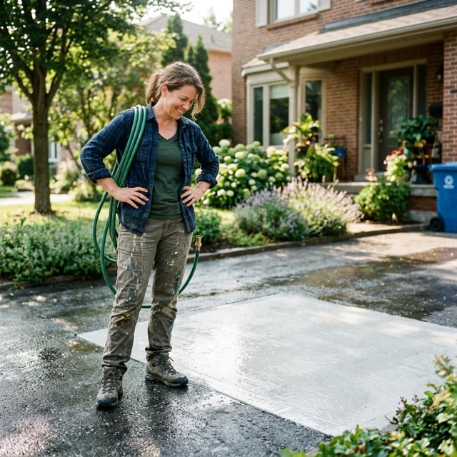 A homeowner stepping back to admire a freshly rinsed patch of driveway concrete on a sunny morning