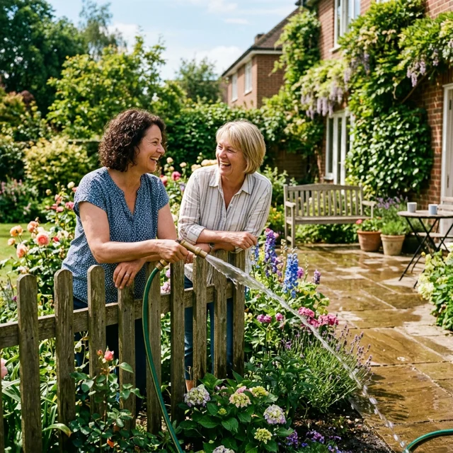 Two neighbors talking over a fence while a garden hose arcs water onto a flower bed