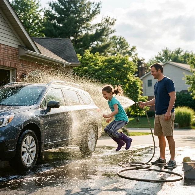 A parent rinsing a soapy car in the driveway while a child in rain boots jumps through the spray