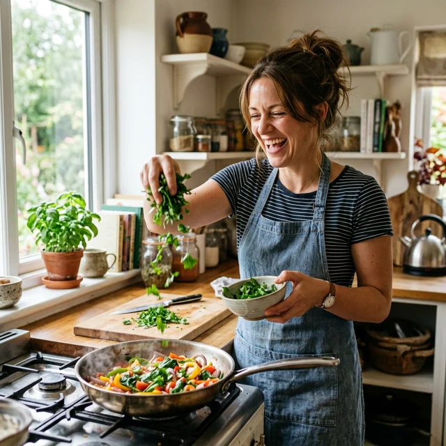 A home cook in her 30s laughing while tossing freshly chopped herbs into a pan in a bright morning kitchen