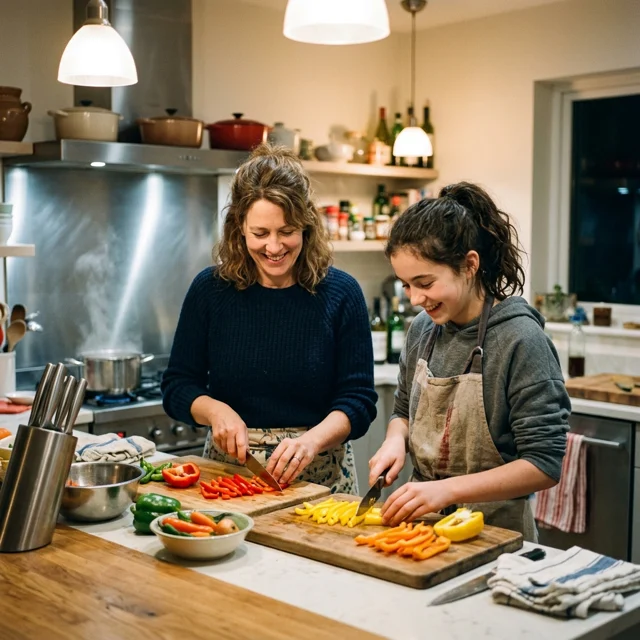 A parent and a young teenager standing side by side at a kitchen counter, both smiling while slicing colorful bell peppers together