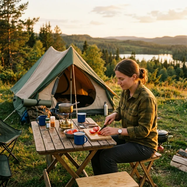 A camper at a folding table beside a tent at golden hour, slicing a tomato on a small prep surface with hills and a lake in the background
