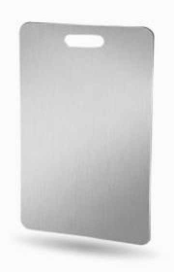 Seller's product photo of the Katori board: a flat brushed-metal sheet standing upright, with rounded corners and an oval hand hole cut near the top edge