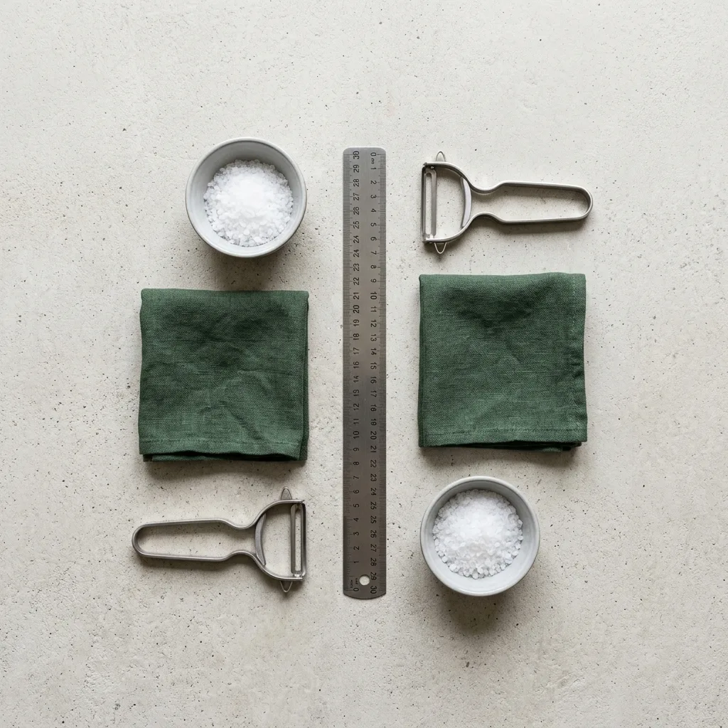 Flat lay on light concrete of two identical sets of prep tools arranged as mirror images: two peelers, two folded green cloths, two small bowls of salt, a ruler laid along the center line