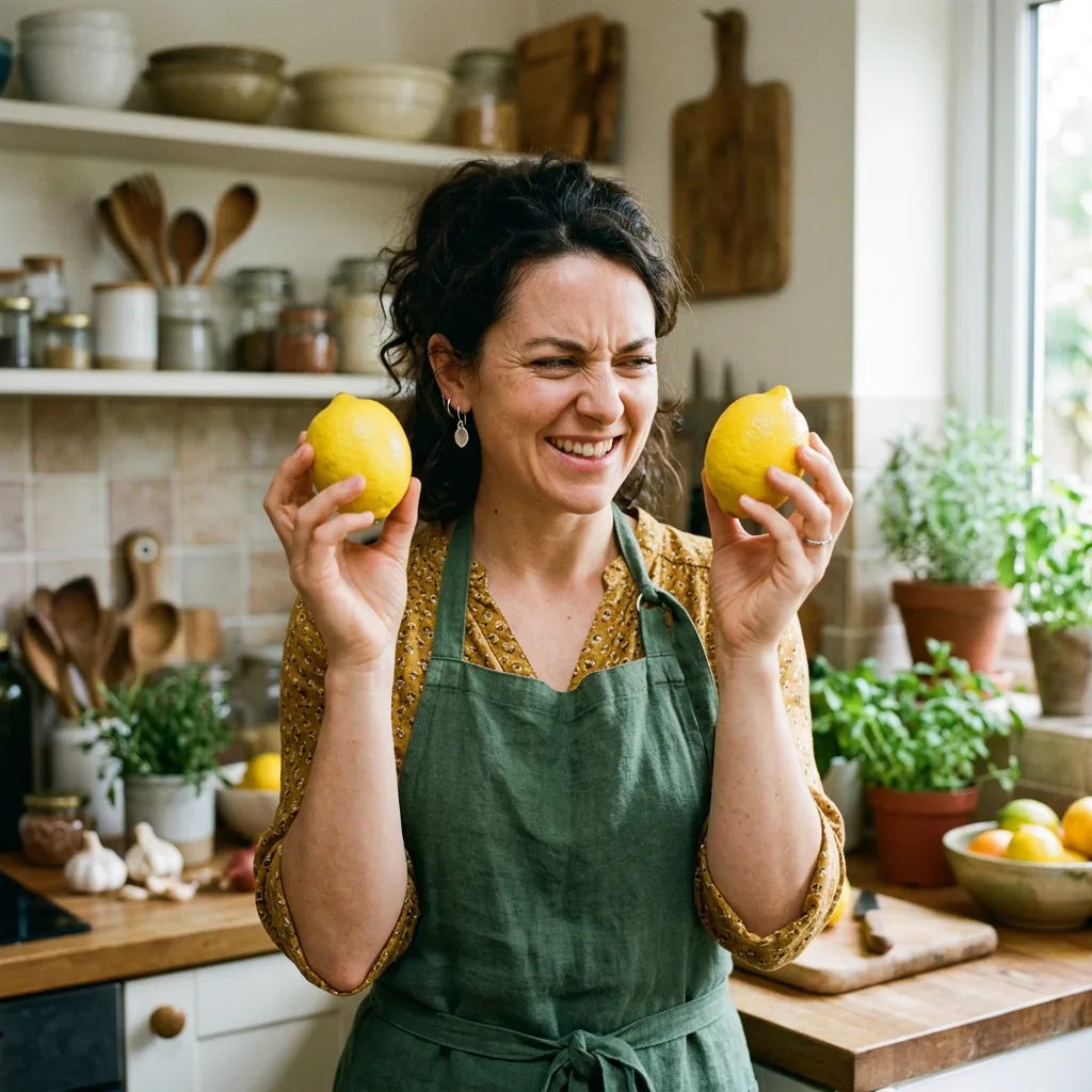 A home cook in her 30s holding up two identical lemons, one in each hand, squinting at them with playful mock suspicion in a bright kitchen