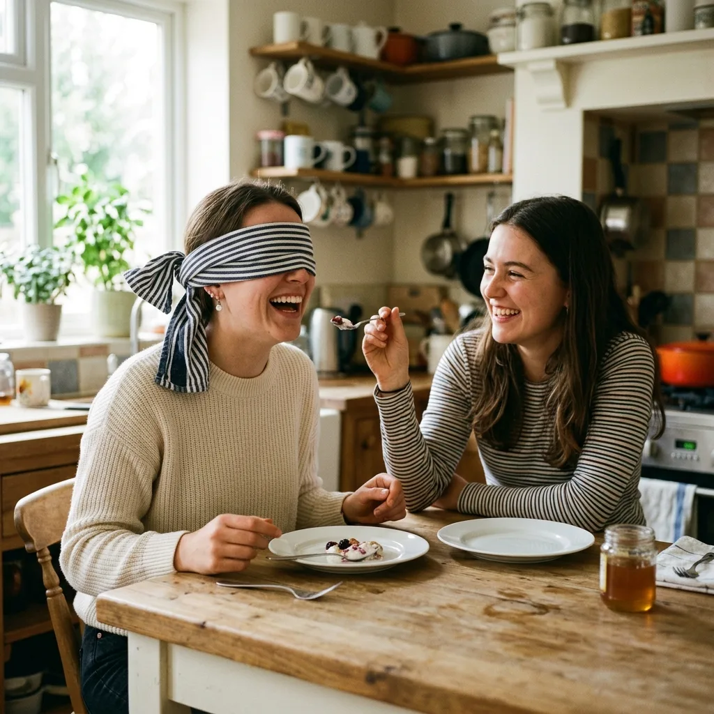 Two friends at a kitchen island doing a blind taste test, one blindfolded with a striped tea towel and laughing, two identical white plates in front of them
