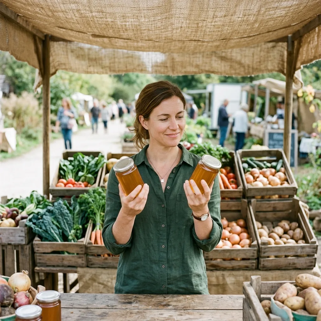 A person at a farmers market stall comparing two identical looking jars, one in each hand, vendor smiling behind