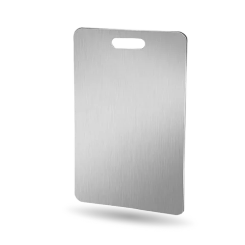 The titanium cutting board photographed by the seller: a single brushed metal sheet standing on its edge against a white background, with a rounded rectangular cut-out handle at the top