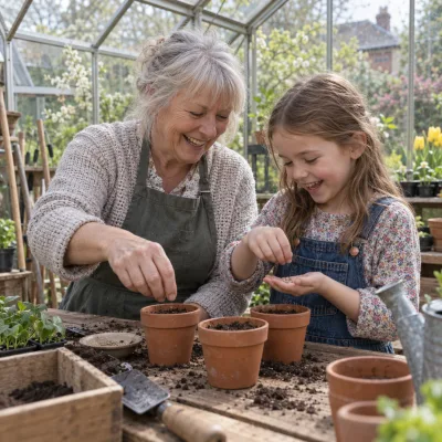 A grandmother and her granddaughter laugh as they sow seeds into small pots at a greenhouse bench