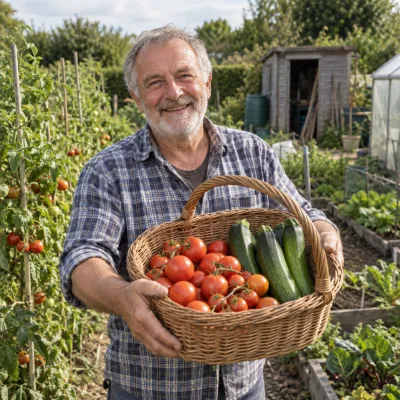 A man in his sixties holds up a basket of tomatoes and courgettes on his allotment