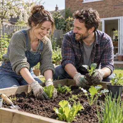 A couple in their thirties plant vegetable seedlings in a raised bed, soil on their gloves