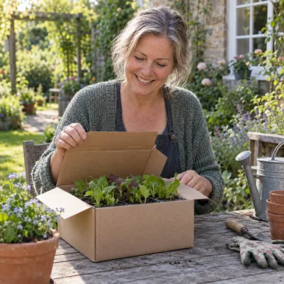 A woman in her fifties opens a box of young plug plants on her garden table