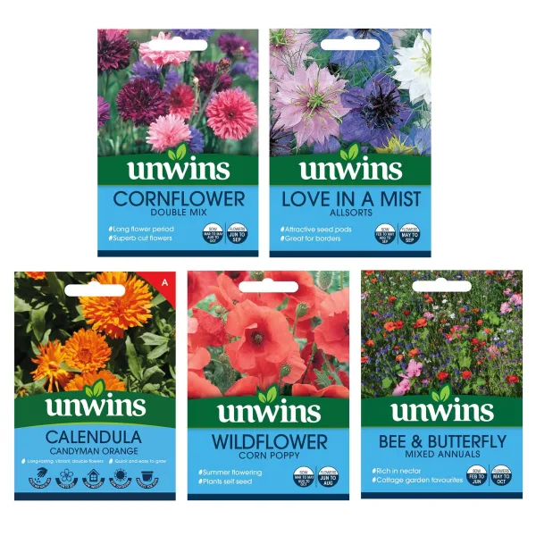Five Unwins seed packets from the Pollinator Flower Seed Collection laid out on white: cornflower Double Mix, love-in-a-mist Allsorts, calendula Candyman Orange, wildflower corn poppy and a bee and butterfly mix