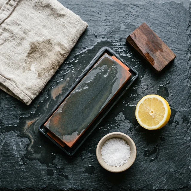 Overhead flat lay on dark slate of a wet whetstone in its tray, a folded linen towel, a halved lemon, a small dish of coarse salt and a honing angle guide block