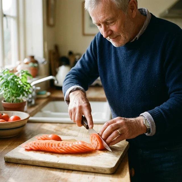 A man in his 60s at a kitchen counter slicing a ripe tomato into thin, even slices, hands and cutting board in focus, face softly blurred in warm morning light