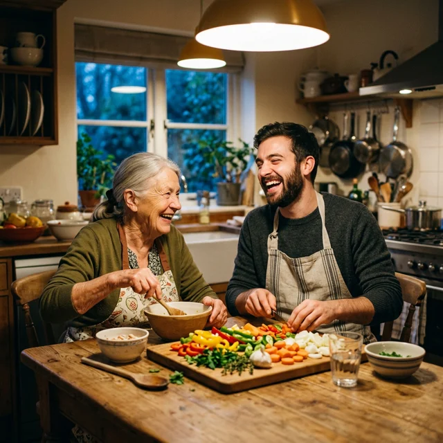 A grandparent and an adult grandchild cooking together at a wooden kitchen table, both laughing, a pile of freshly chopped vegetables between them