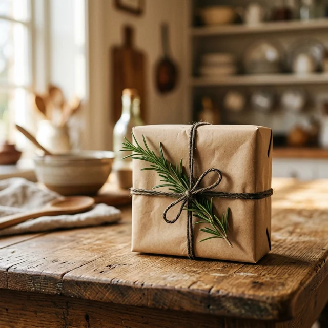A neatly wrapped gift box in plain kraft paper tied with dark twine on a wooden kitchen table, a sprig of rosemary tucked under the twine